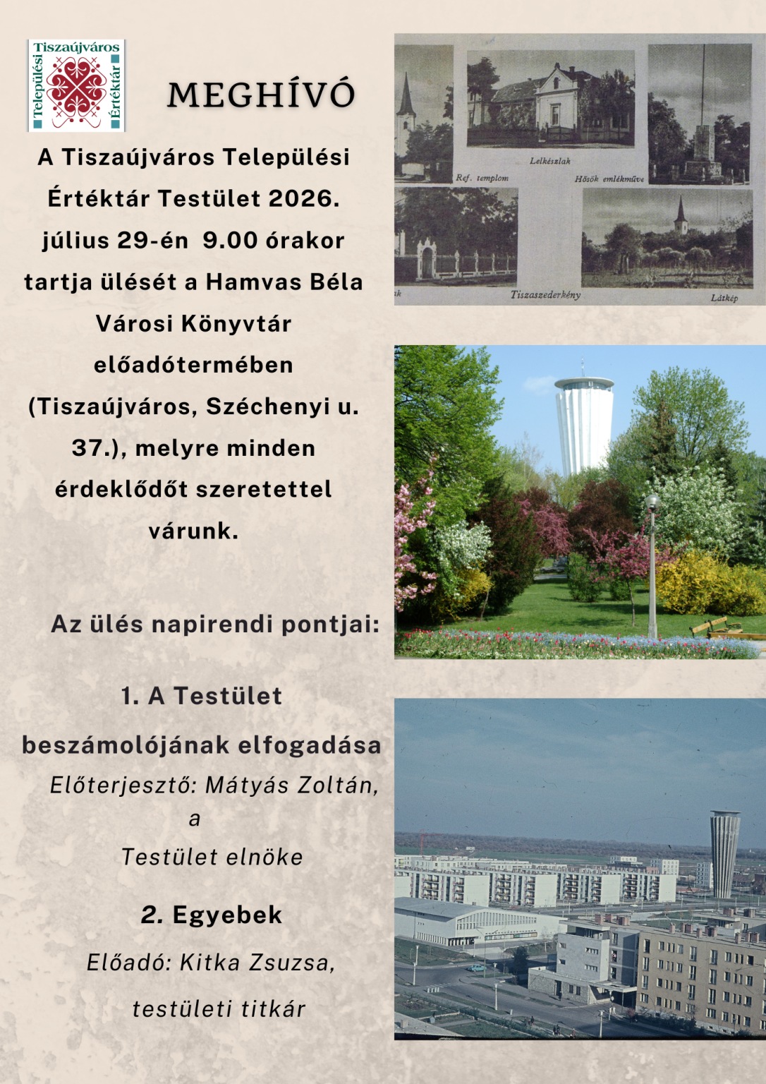 Meghívó a Tiszaújváros Települési Értéktár 2026. július 29-ei ülésére, plakát jpg képformátumban